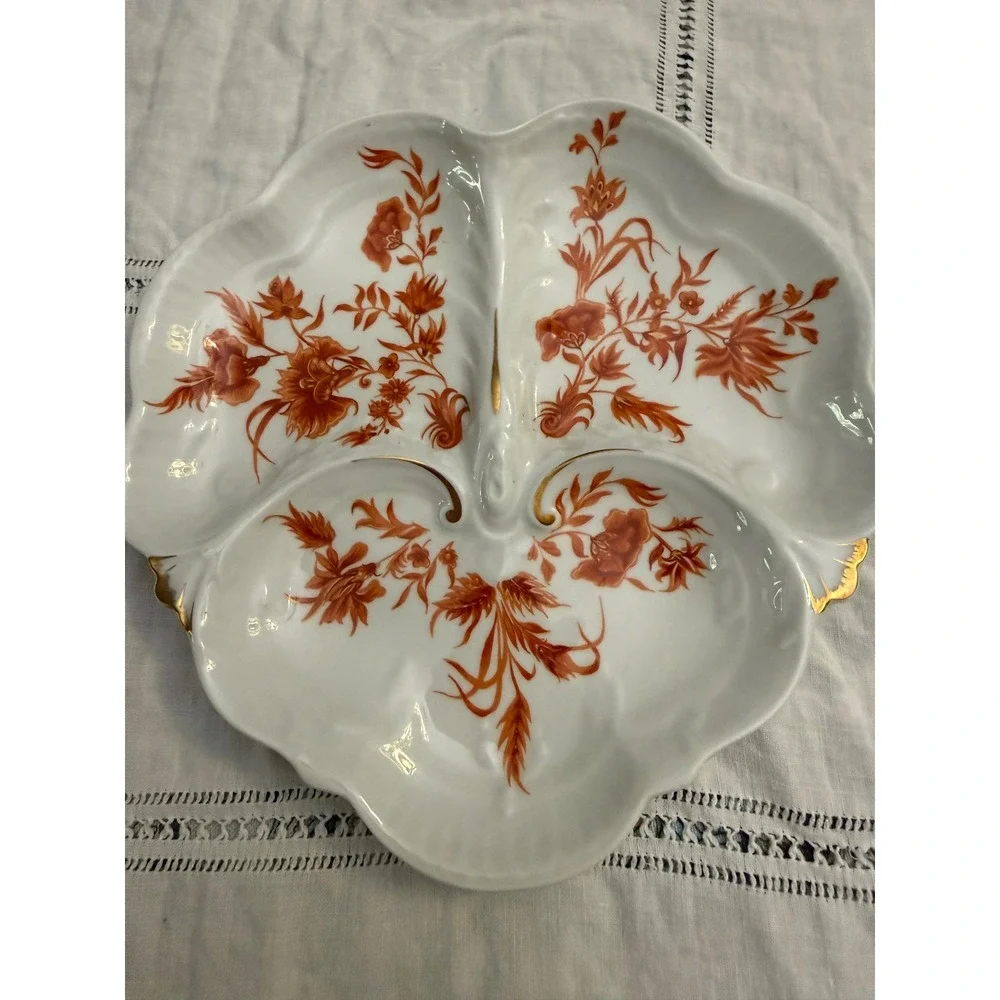 Haviland Limoges France Porcelain Divided Serving Dish Floral GoldTrim Scalloped